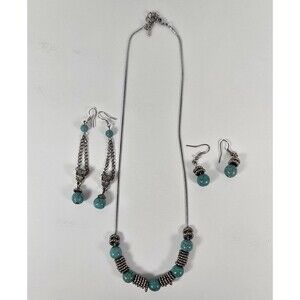 Turquoise Necklace and Earring Set Simulated Stones Silver Tone